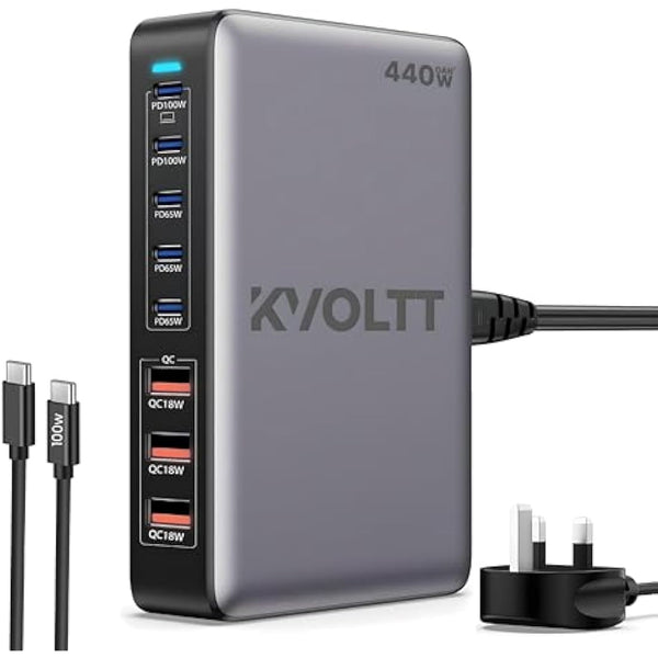 440W USB charging station - Gan Charger with 5 USB C & 3 USB A Ports, 100W 65W USB charging hub with USB C multi charger,Compatible with MacBook Lenovo Laptop iPhone iPad - 100W USBC Cable Included