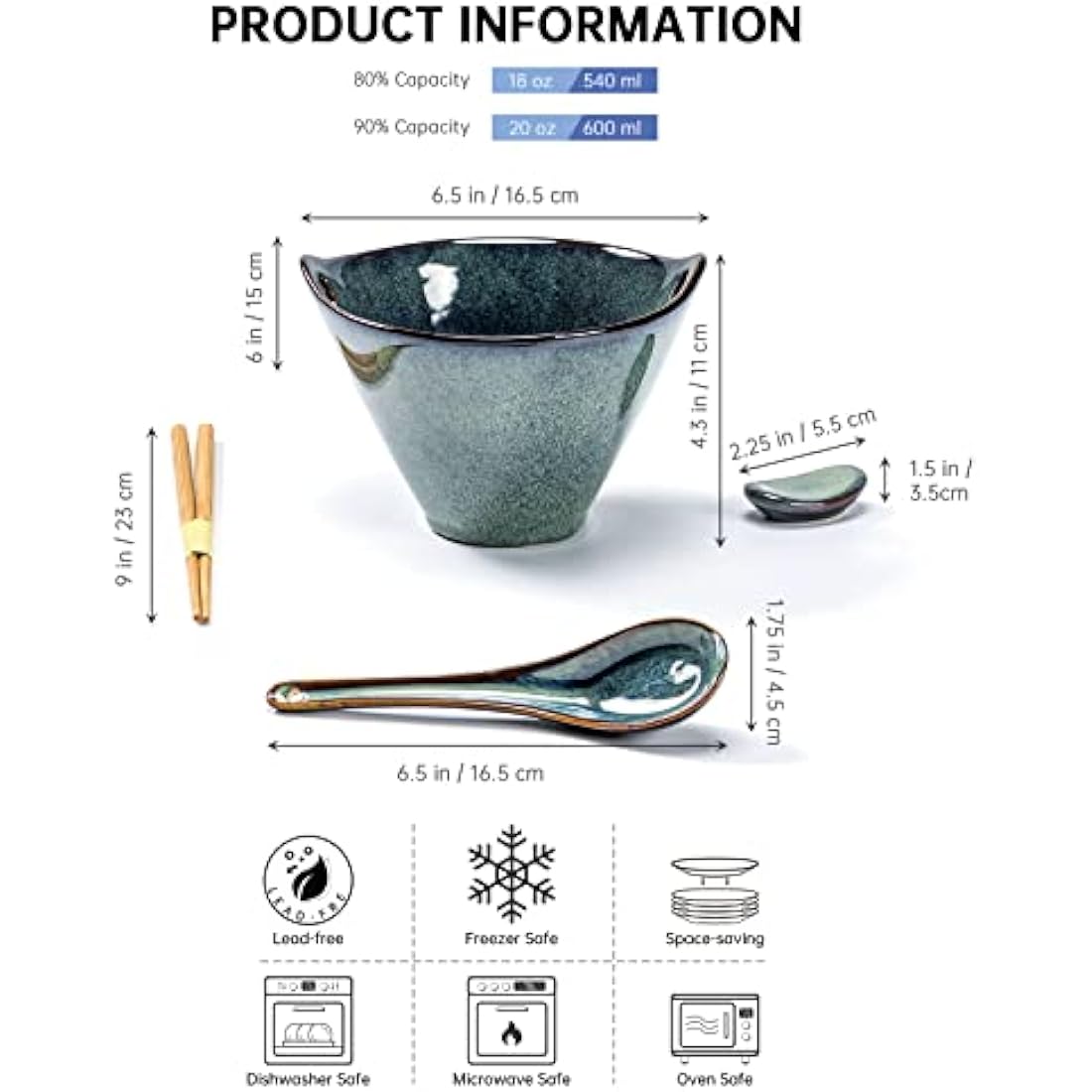 Henten Home Soup Bowls, Large Vintage Noodles Bowl 600ml, Ceramic Ramen Bowls with Spoon and Chopsticks, Japanese Bowl Set of 2 for Udon Soba Pho Asian Noodles - Green