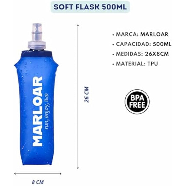 MARLOAR Soft Flask - Running Water Bottle - Running bottle - Collapsible Bottle - Silicone Collapsible Bottle - Pack of 2 Soft Flask 500ml for Running, Hiking, BPA Free (2 Pieces Blue)