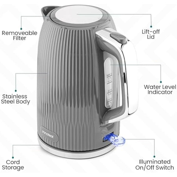 Innoteck Kitchen 1.7L Cordless Electric Kettle with Stainless Steel Body, BPA-Free Electric Kettle with Auto Shut-Off Safety & 360° Base Quiet Fast Boil Kettle for Tea and Coffee, Grey