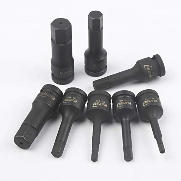 KATSU 1/2 Inch Drive Hex Allen Deep Impact Socket Set 8PCs 5-19mm Heavy Duty Metric Socket Bits, High Grade Chrome-Moly Steel, Automotive Trucks Tractors Engines Repairing Tool 420410