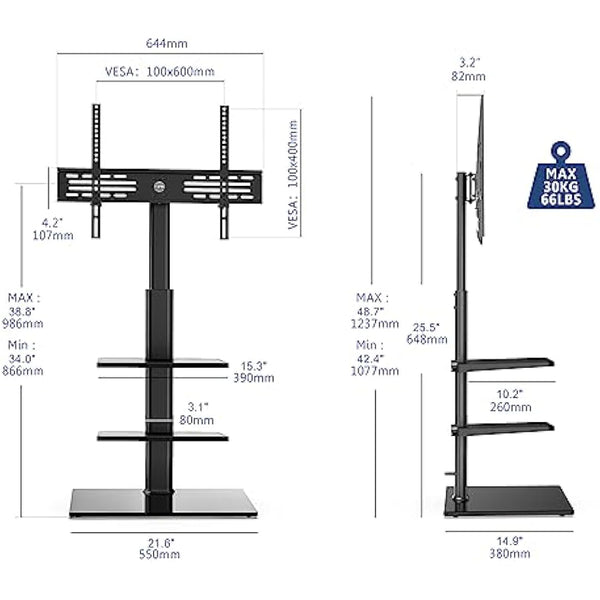 FITUEYES TV Floor Stand for 32-60 Inch, Tall TV Stand with Swivel Bracket, Floor Standing TV Stand with 2 Adjustable Shelves, Max VESA 600x400mm Holds 30kg