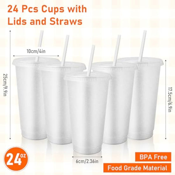 24 Pcs Reusable Cups with Lids and Straws 24 oz Glitter Iced Coffee Tumbler Plastic Travel Mug Cup for Smoothie Juices Birthday Sleepover Party Supplies (Clear)