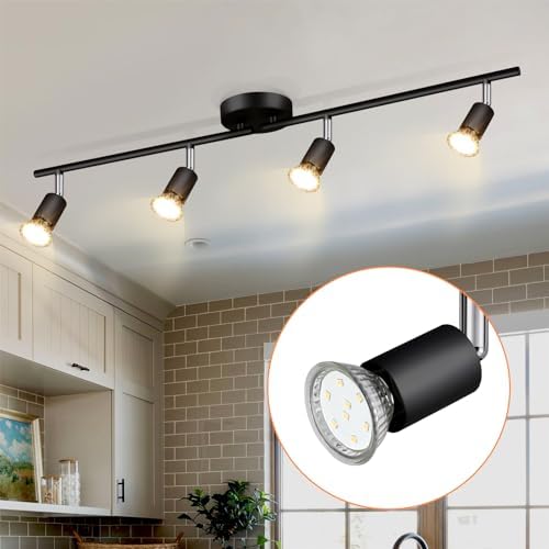 4 Way Spotlight Ceiling Light Rotatable, GU10 Industrial Ceiling Light Fitting Black Spot Light Bar Indoor Adjustable Light Ceiling Spot Lamp for Kitchen Bedroom Hallway, 3000K GU10 Bulb Included