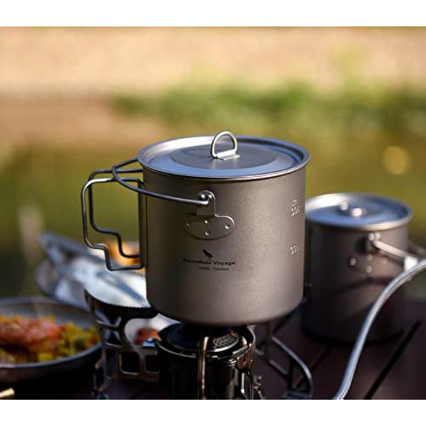 iBasingo 1100ml Titanium Mug Camping Cup Tea Coffee Water Pot with Lid Ultralight Outdoor Travel Tableware with Foldable Handle Picnic Backpacking Trekking Portable Drinkware Survival Gear Ti3041D