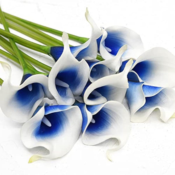 FiveSeasonStuff 10 Stems Real Touch Calla Lilies Artificial Flower Bouquet in Gift Box, Perfect for Wedding, Bridal, Party, Home Office Décor DIY (White & Blue)