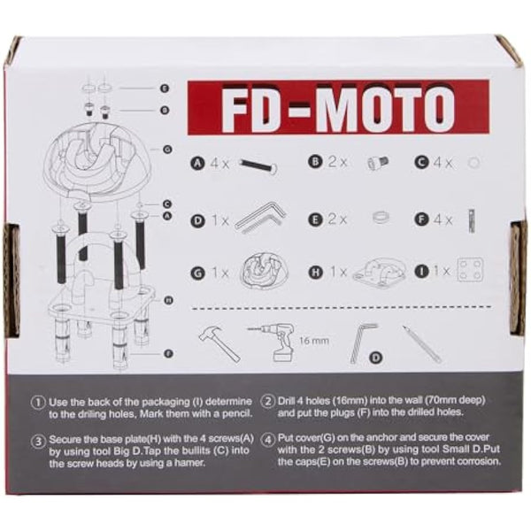 FD-MOTO Hardened Flip Up/Down Steel Ground Wall Chain Anchor Motorbike Lock (4 Bolts) Security Locking Point for motorcycle bike bicycle