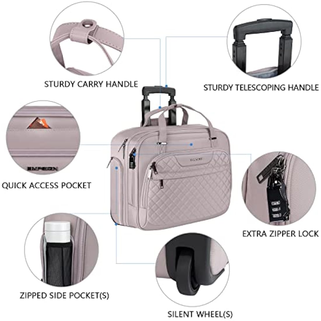 EMPSIGN Rolling Laptop Bag for Women - Wheeled Briefcase Fits Up to 15.6 Inch Laptop, Water-Repellent Overnight Computer Bag with RFID Pockets, Dusty Pink