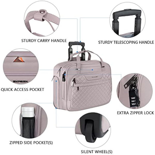 EMPSIGN Rolling Laptop Bag for Women - Wheeled Briefcase Fits Up to 15.6 Inch Laptop, Water-Repellent Overnight Computer Bag with RFID Pockets, Dusty Pink
