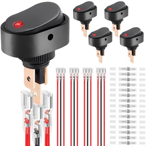 DAOKAI LED Lighted Rocker Switch 12V 30A SPST 3 Pin ON Off Toggle Switch Illuminated Red Lighted Oval Shaped Switch for Automotive Truck RV Boats - 5pcs