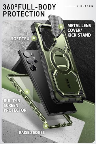 i-Blason Armorbox for Samsung Galaxy S24 Ultra Case MagSafe with Camera Cover Stand [Support Wireless Charger] 360 Full-Body Case with Screen Protector & Kickstand Phone Case for S24 Ultra, Green