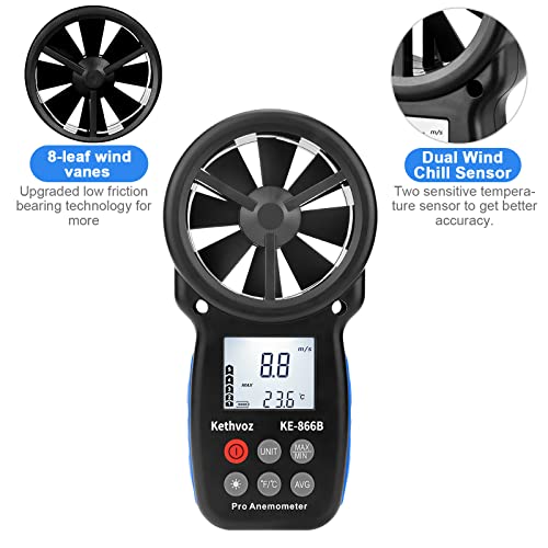Digital Wind Speed Anemometer Handheld, Kethvoz Windspeed Gauge with Wind Chill Sensor to Measure Air Flow Velocity Temp w/MAX/MIN/AVG, for Drone Fly Climbing Windsurfing Sailing HVAC KE-866B