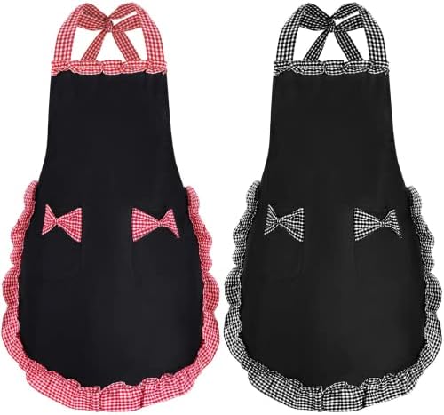 2 Pcs Women Cute Apron, Ladies Black Aprons With 2 Pockets, Waterproof Kitchen Aprons for Women, Chef Apron for Cooking Baking Gardening, Premium Aprons As Gifts for Mom Wife Girlfriend Grandma