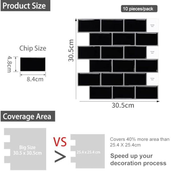 (10-Sheets) Peel and Stick Subway Tile Stickers, Self Adhesive Wall Tiles, Stick on Tile Splashback for Kitchen & Bathroom Black
