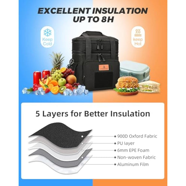 Large Insulated Lunch Bag for man, Double Layer Insulated Large Cooler Bag for Men Adults Waterproof Leakproof Durable Lunch Bag for Work Outdoor Picnic 15L, Black, HSHRISH
