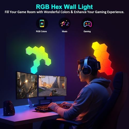Kangtaixin Hexagon LED Lights — 20 Pack Hex Wall Light RGB Gaming Panels Hexagonal Smart Lighting Panel Sync to Music for Room Bar Gaming Setup Bedroom