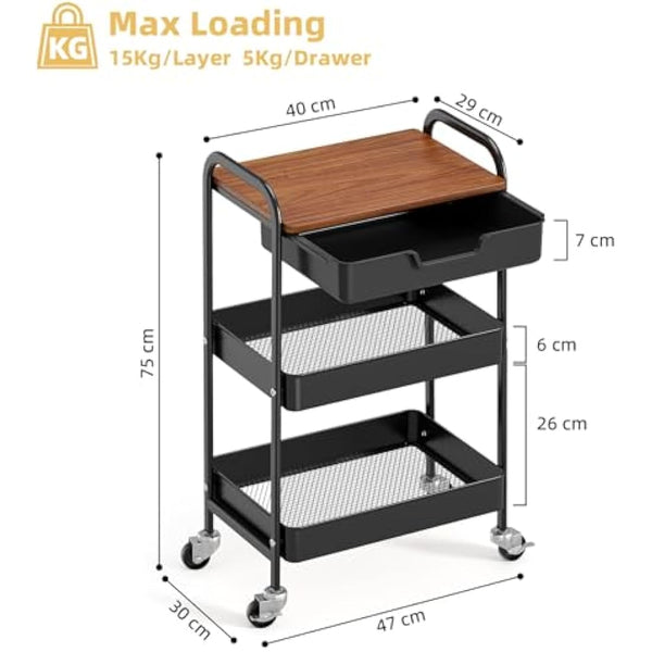 KINGRACK 3-Tier Storage Cart with Tabletop, Multifunctional Metal Cart for Kitchen, Home, Office, Bathroom, Black