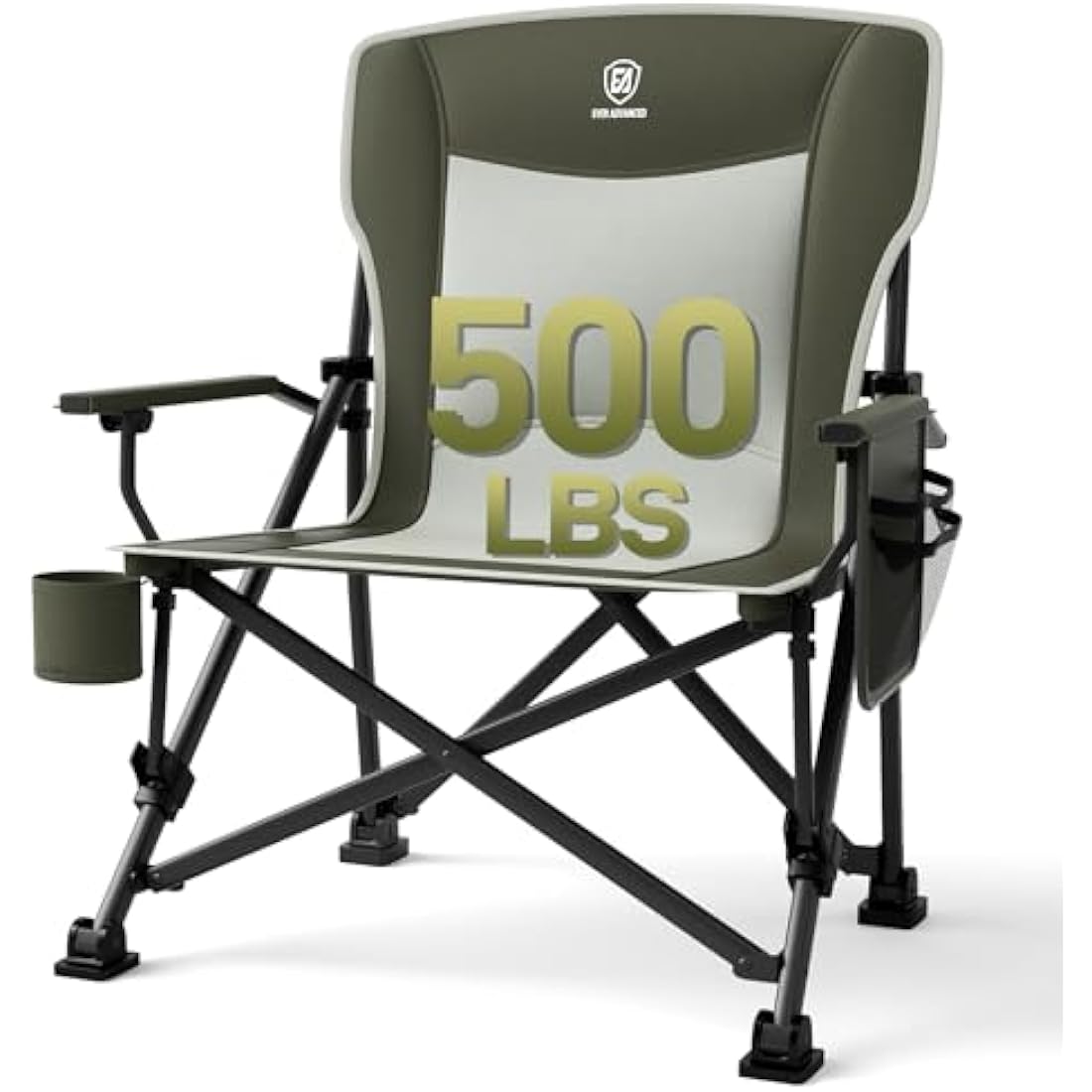 EVER ADVANCED Camping Chair for Adults Oversized 230KG, Folding Chair for Heavy People with Side Pocket, Heavy Duty Extra Wide Garden with Hard Armrest Foldable Fishing Outdoor Green