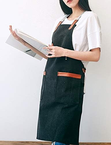 SPDYCESS Apron Washed Canvas Adjustable Waterproof Bib with 2 Pockets Unisex Women Men Cooking Chefs Work Aprons for Home Kitchen Restaurant Coffee House Bistro BBQ Black