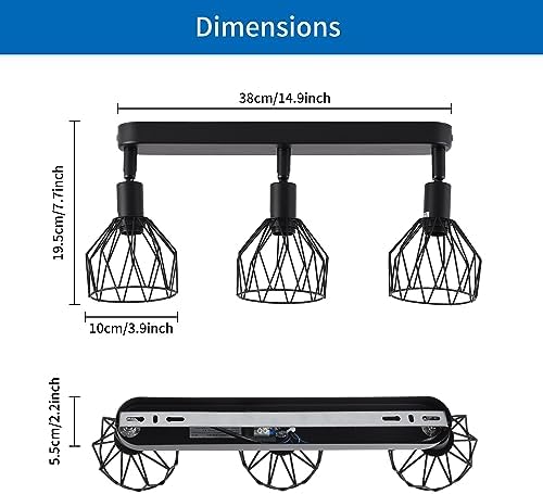 ANWIO Spot Light Fittings Ceilings,Kitchen Lights Ceiling with E14 Base Metal Wire Cage,Adjustable Black 3 Way Spotlights Ceiling Light,Ceiling Lights for Living Room