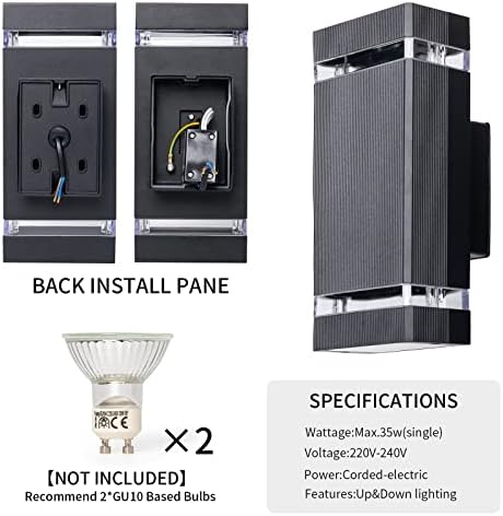 Aranzyec 2 X Outdoor Wall Lights Mains Powered, Aluminium Up Down Outside Wall Lights, Max 35W GU10, IP54 Waterproof Black Garden Lights for Patio, Terrace, Garden, Hallway, Balcony, Porch, Pathway