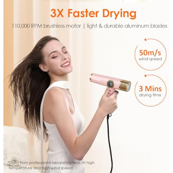 Faszin Hair Dryer, Lightweight Hairdryer with 110,000 RPM High Speed Motor for Fast Drying, 200 Million Ionic Hairdryers for Women & Men, Low Noise Hair Dryers, with 3 Magnetic Nozzle (Pink)