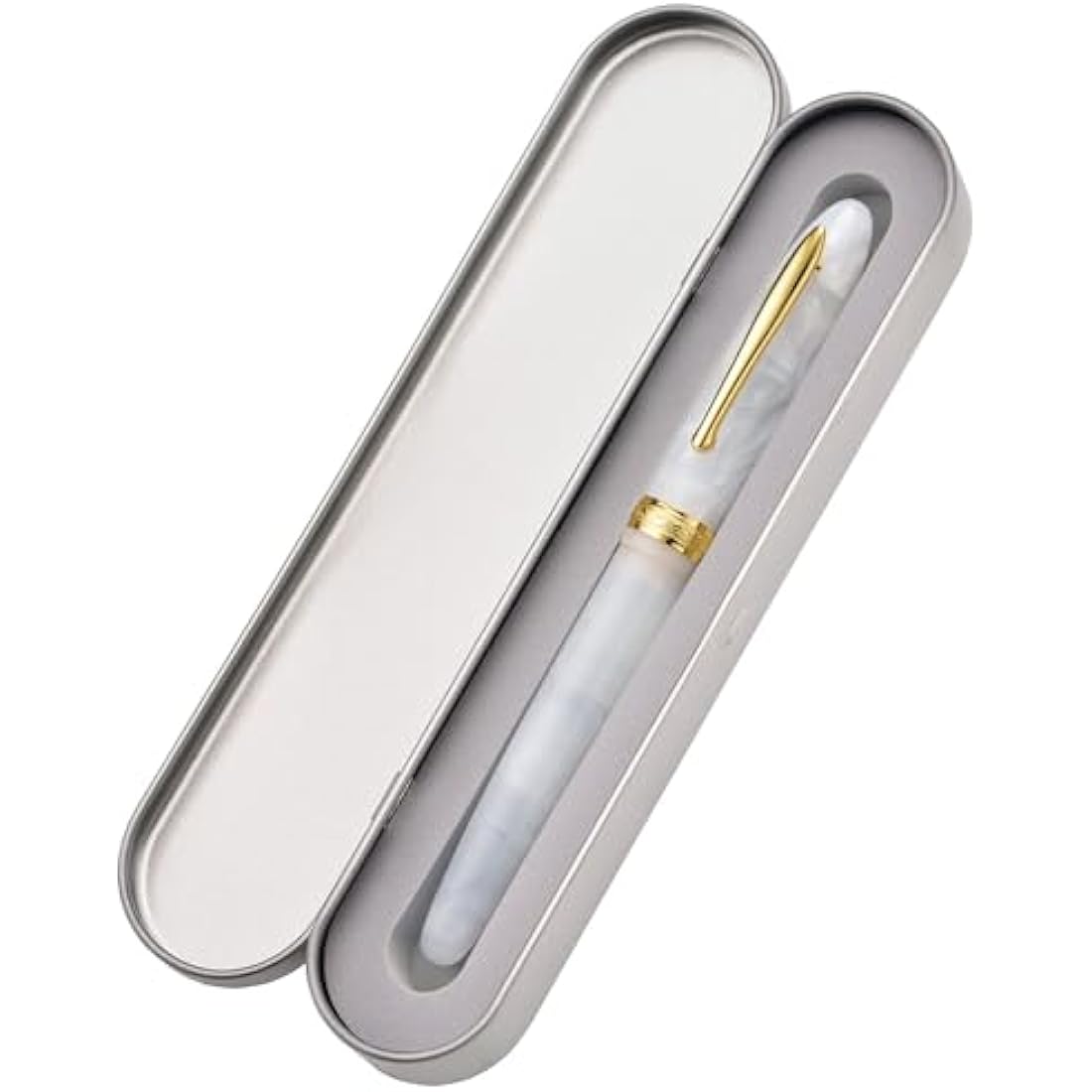 Hong Dian N9 Fountain Pen, Long Leaf Medium Point Gold Ornaments, Jade White and Acrylic Design with Converter and Metal Feather Box Set