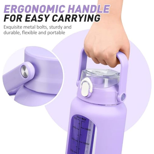 HYDRAGLAZIC 2L Glass Water Bottle with 2 Lids Flip and Chug Lids 2 Liter Large Water Jug with Time Marker and Silicone Sleeve BPA Free Leak-proof for Sports Gym, Purple