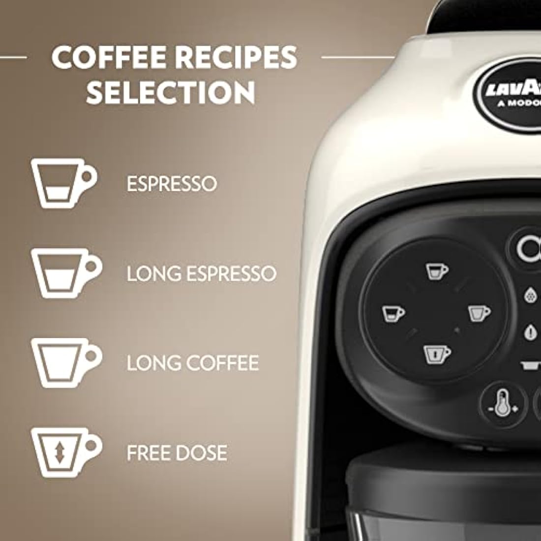 Lavazza, A Modo Mio Deséa Coffee Capsule Machine, Compatible with A Modo Mio Coffee Pods, Touch Interface, Sound Alerts, Automatic Shut-Off, Dishwasher-Safe Components, 1500W, 220-240V, White Cream