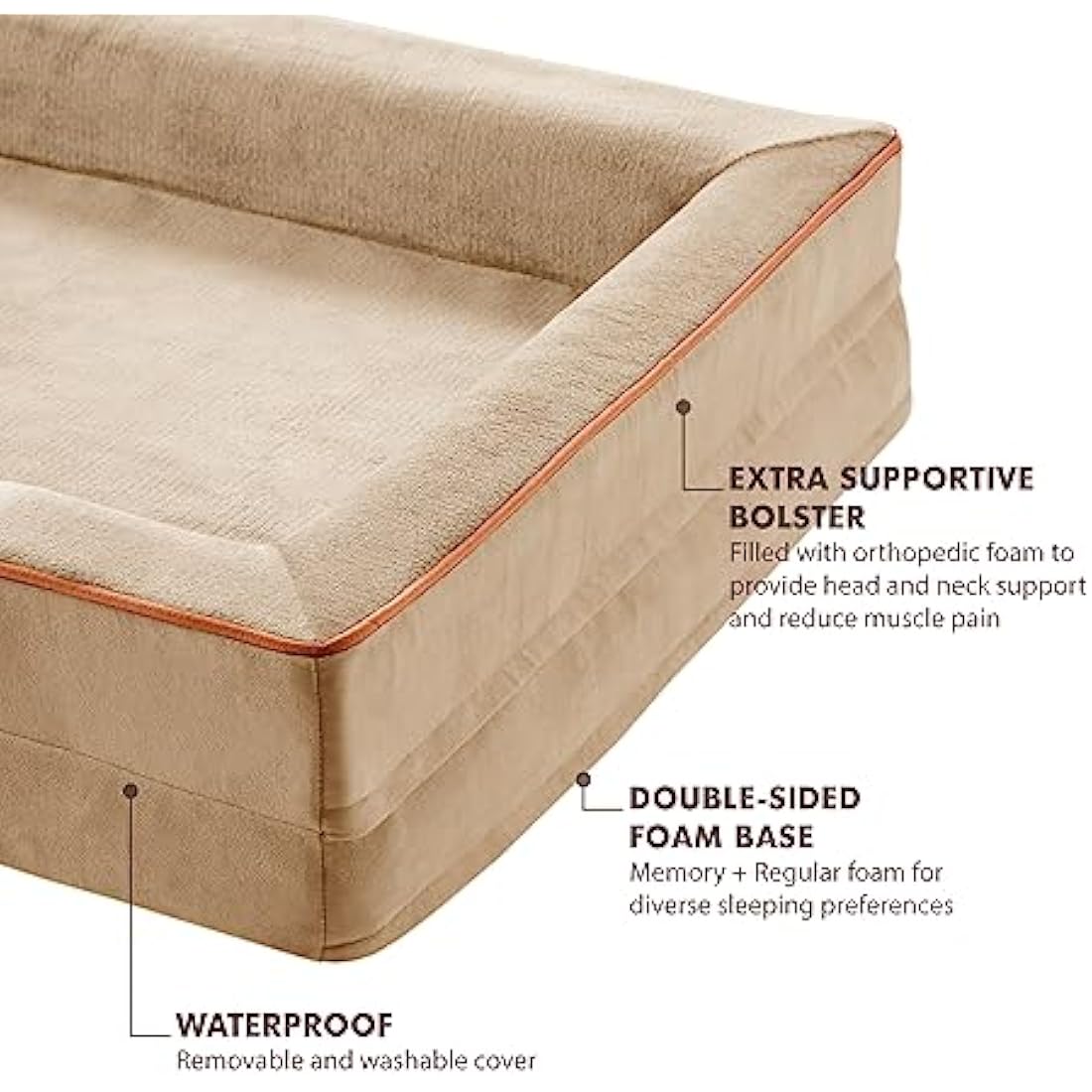Codi Large Memory Foam Layer Dog Bed, Washable Orthopedic Dogs Beds Couch with Removable Zipper Cover, Waterproof Pet Sofa with U-Shape Bolster, Khaki, 91x68x(7.5+8.9) cm