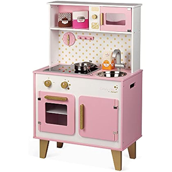 Janod - Candy Chic Big Wooden Cooker for Children - Equipped with Fridge and Microwave, Sound and Light - Pretend Play - 6 Accessories Included - For children from the Age of 3, J06554, Pink and White