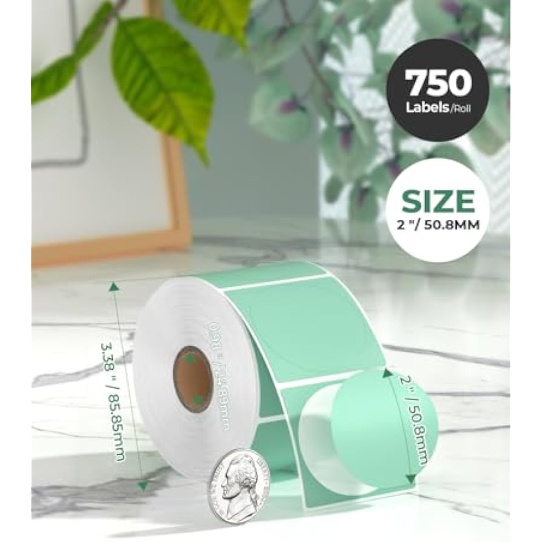 MUNBYN 50x50mm Green Circle Thermal Sticker Labels, Self-Adhesive Round Direct Thermal Labels, Multi-Purpose Roll Sticker for DIY Logo Design, QR Code, Name Tag, Inventory-750 Sheet/1 Roll
