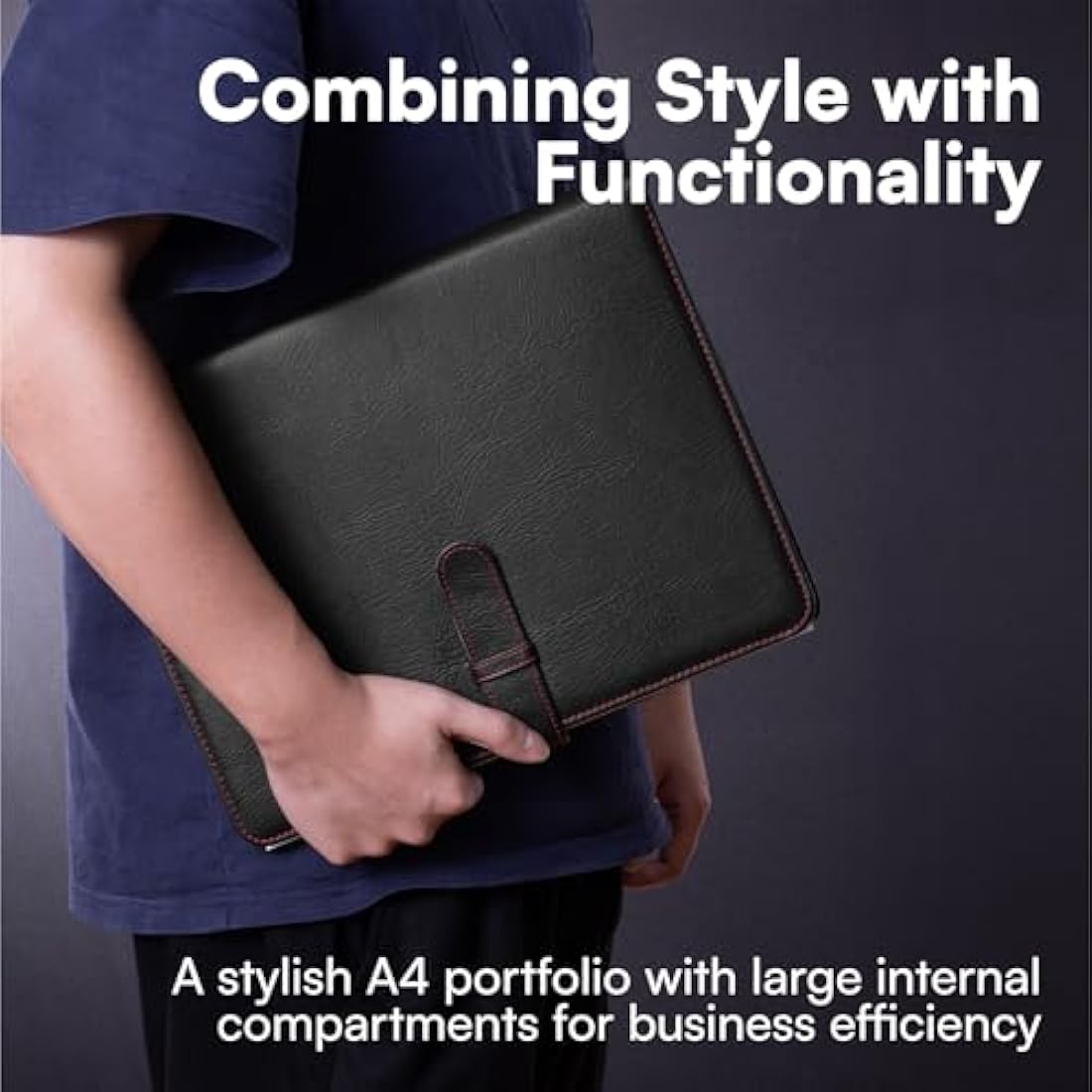 H&S A4 Portfolio Folder with Ring Binder Mechanism - with 40 Plastic A4 Document Pockets - Black Faux Leather Conference Folder