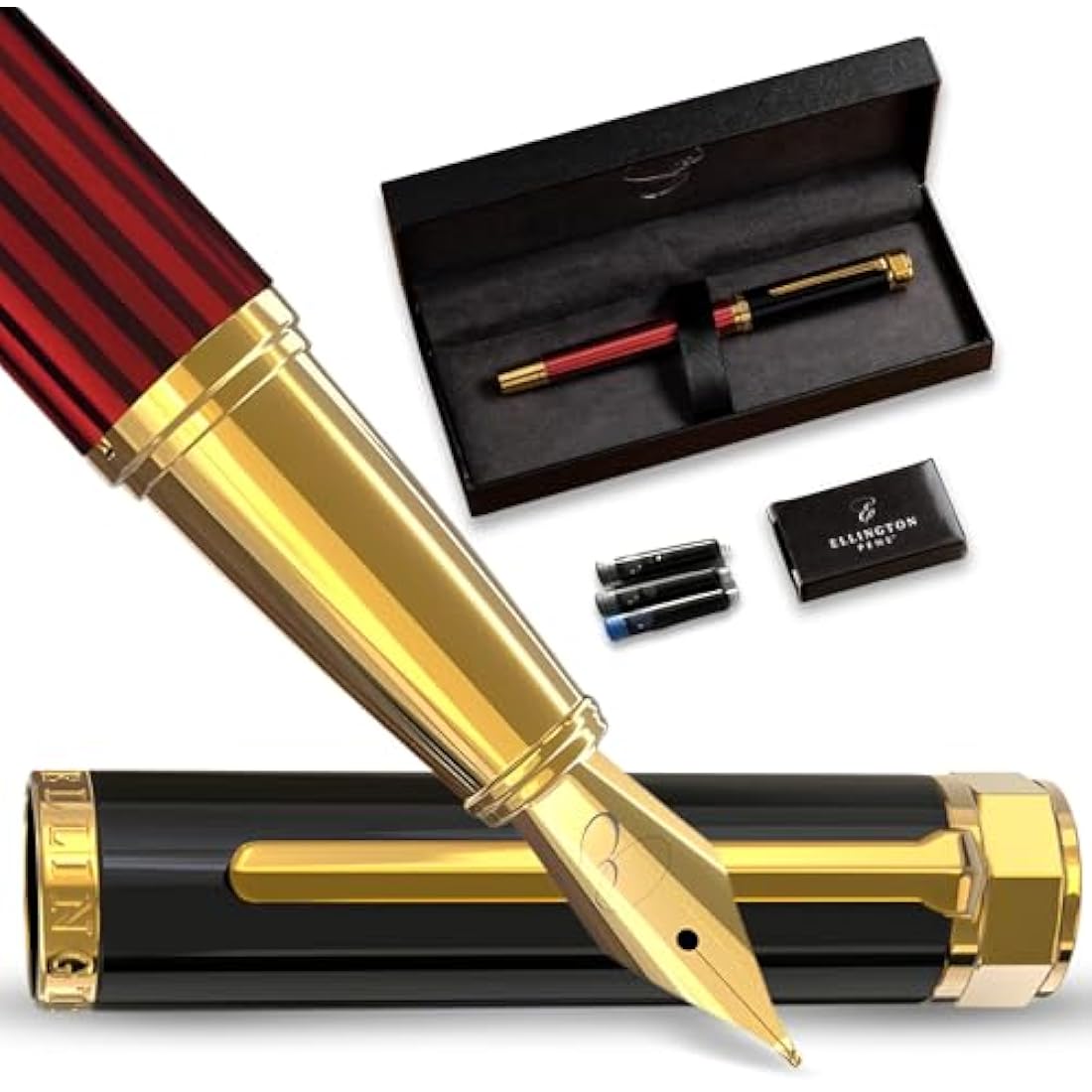 Ellington Pens Luxury Fountain Pen Set- Fountain Pens for Writing - Smooth Nib - Includes Refillable Ink Converter, 3 Ink Cartridges [2 Black & 1 Blue], Gift Box - Elegant Calligraphy