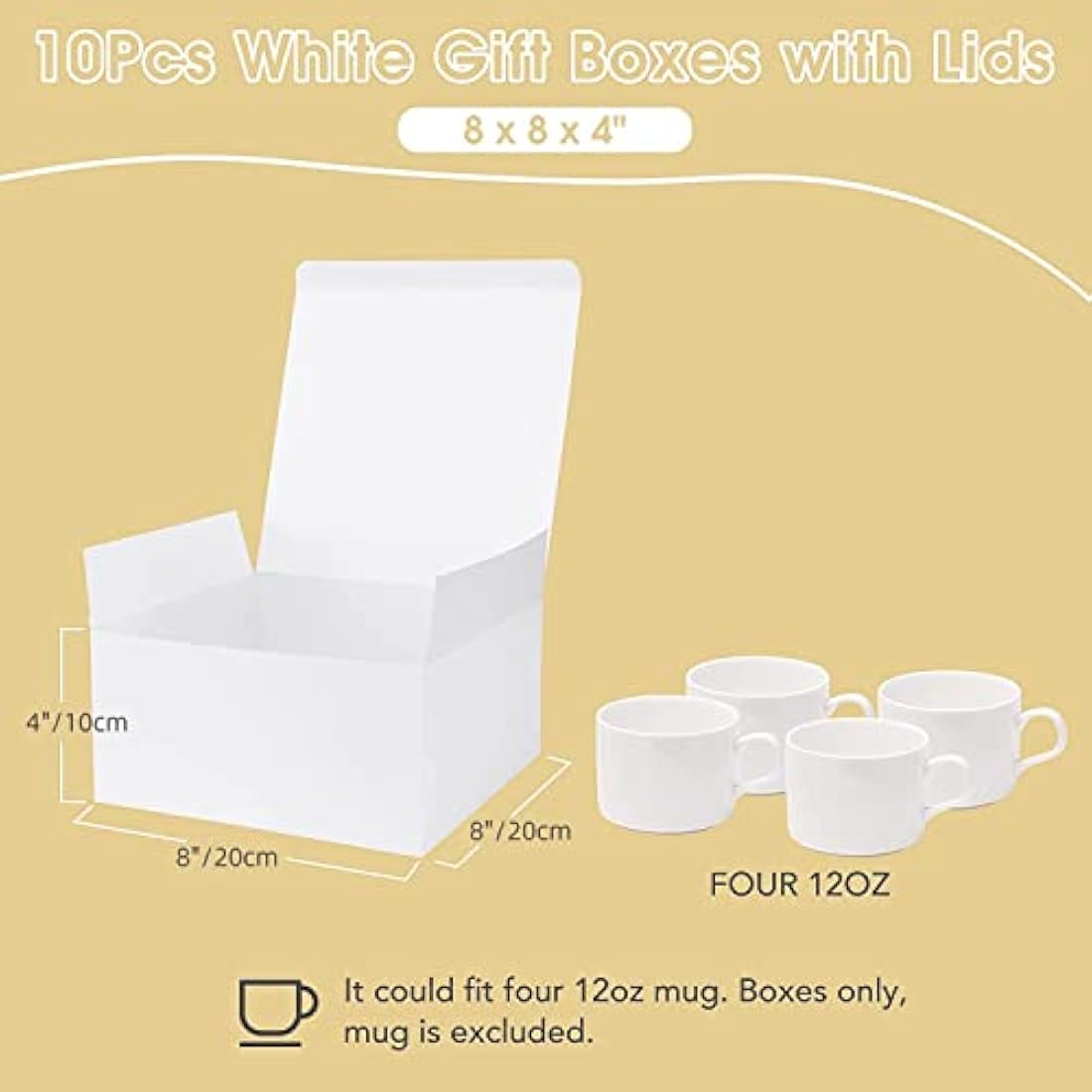 HOUSE DAY Gift Boxes 20x20x10cm Gift Boxes for Bridesmaids Kraft Gift Boxes with Lids for Crafting, Cupcake Boxes Easy Assemble Boxes 10Pack White