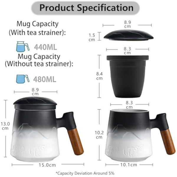 ZENS Tea Mug with Infuser and Lid, 450ML Embossed Ceramic Loose Leaf Tea Cup with Fine Strainers for Diffusers, Wood Handle Tea Infuer Mug for Steeper Tea Accessories for Women Tea Lovers Gifts