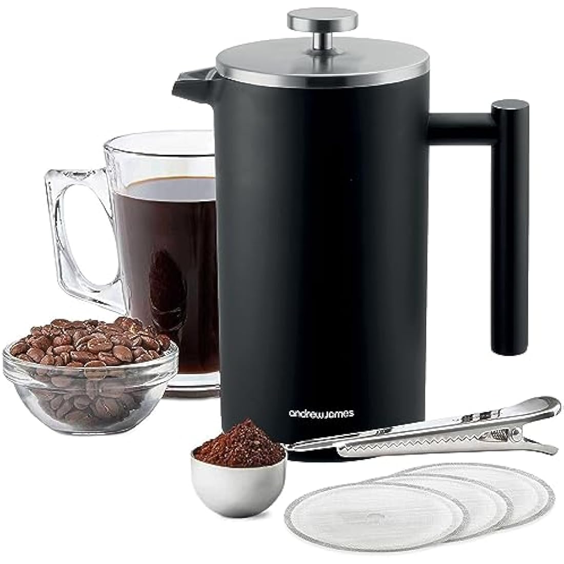 Andrew James Double Walled Stainless Steel Cafetiere Gift Set with 3 Mesh Filters, Coffee Measuring Spoon and Bag Sealing Clip, Delicious French Press Coffee, Easy to Clean (1000ml, Black)