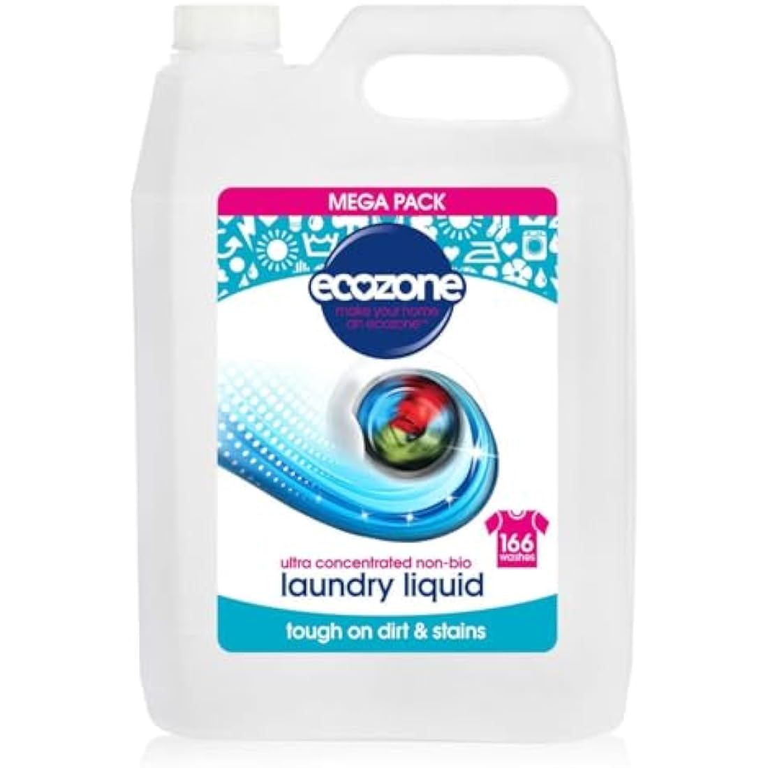 EcoZone Ultra Concentrated Laundry Liquid, Non Bio Detergent, Washing Machine Clothing Stain Removal & Cleaning Solution, Natural Vegan & Non Toxic, Eco Friendly, Gentle on Skin, 166 washes (5L)