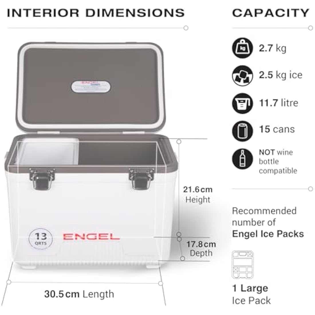 ENGEL Cooler Box 12.3 L - Leak-Proof, Air Tight, Drybox Cooler for Camping, Fishing, Hiking,Picnic - Mini Ice Boxes Large Enough for 15 Cans, 38 x 25.4 x 28.5 CM Small Cool Box for Drinks and Food