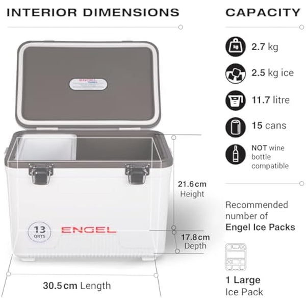 ENGEL Cooler Box 12.3 L - Leak-Proof, Air Tight, Drybox Cooler for Camping, Fishing, Hiking,Picnic - Mini Ice Boxes Large Enough for 15 Cans, 38 x 25.4 x 28.5 CM Small Cool Box for Drinks and Food