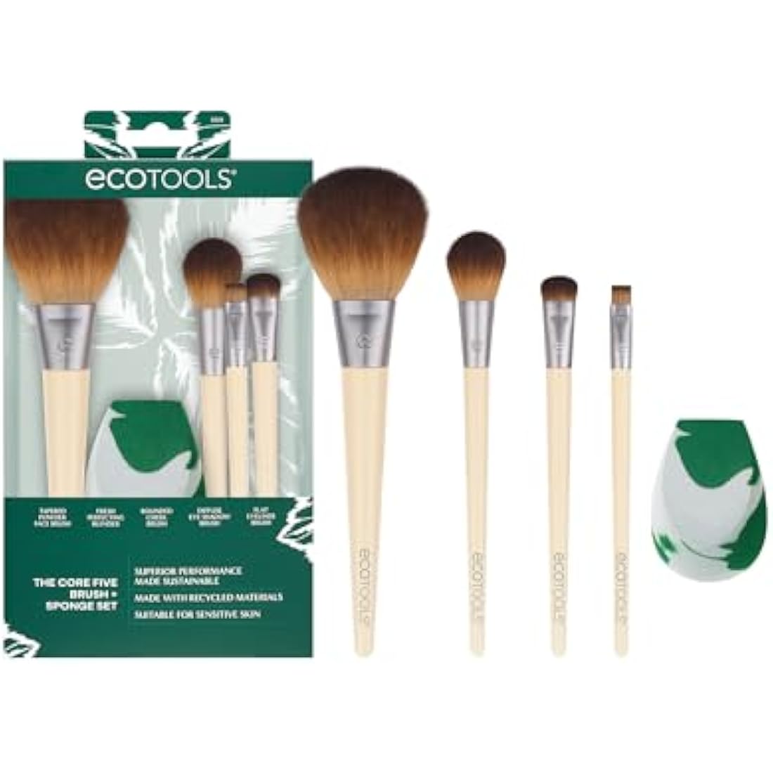 EcoTools Core Five Makeup Brush and Sponge Kit, For Eyeshadow, Blush, Bronzer, Eyeliner, & Foundation, Makeup Blending Sponge For Liquid & Cream Products, Vegan & Eco-Friendly Kit, 5 Piece Set