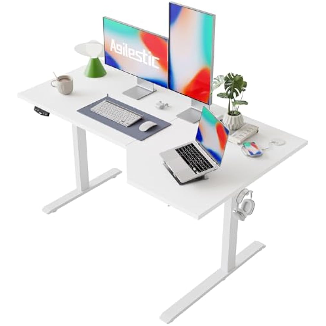 Agilestic L-Shaped Electric Standing Desk, 140cm Height Adjustable Sit-Stand Desk for Home Office, Ergonomic Computer Desk with Spliced Board, White