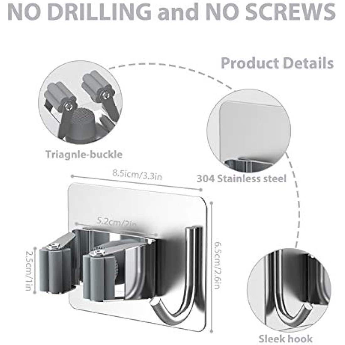 homeasy Mop Broom Holder, 4 Pcs Stainless Steel Self Adhesive Mop Holder Wall Mounted with Hooks Hanger Self-Adhesive Broom Holder for Bathroom, Kitchen, Office, Closet, Garden Garage(Silver)