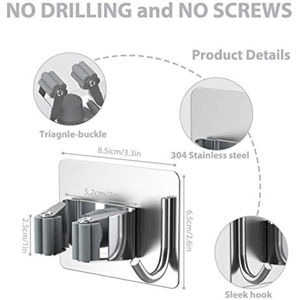 homeasy Mop Broom Holder, 4 Pcs Stainless Steel Self Adhesive Mop Holder Wall Mounted with Hooks Hanger Self-Adhesive Broom Holder for Bathroom, Kitchen, Office, Closet, Garden Garage(Silver)