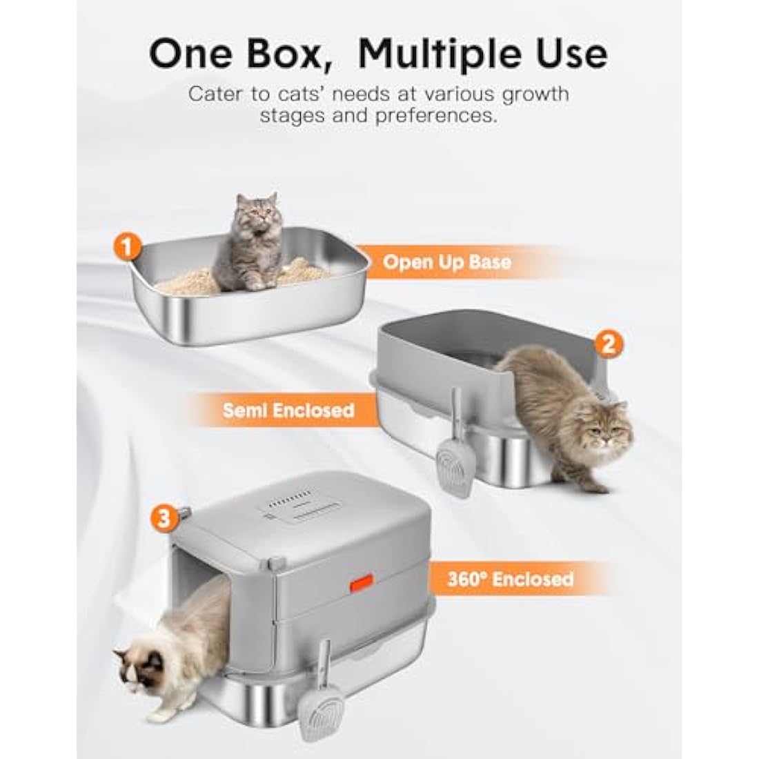 Papettly High Sided Stainless Steel Litter Box with Lid, Extra Large Cat Litter Trays Hooded Cat Litter Box, Enclosed Litter Box for Big Cats with Cat Litter Mat, Scoop, Brush, Easy Clean, Detachable