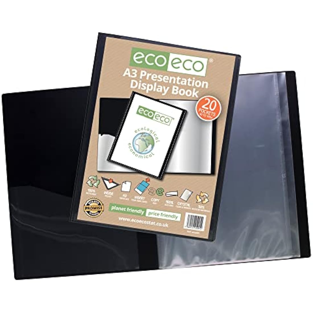 eco-eco A3 Size 50% Recycled 20 Pocket Black Presentation Display Book, Storage Case Portfolio Art Folder with Plastic Sleeves