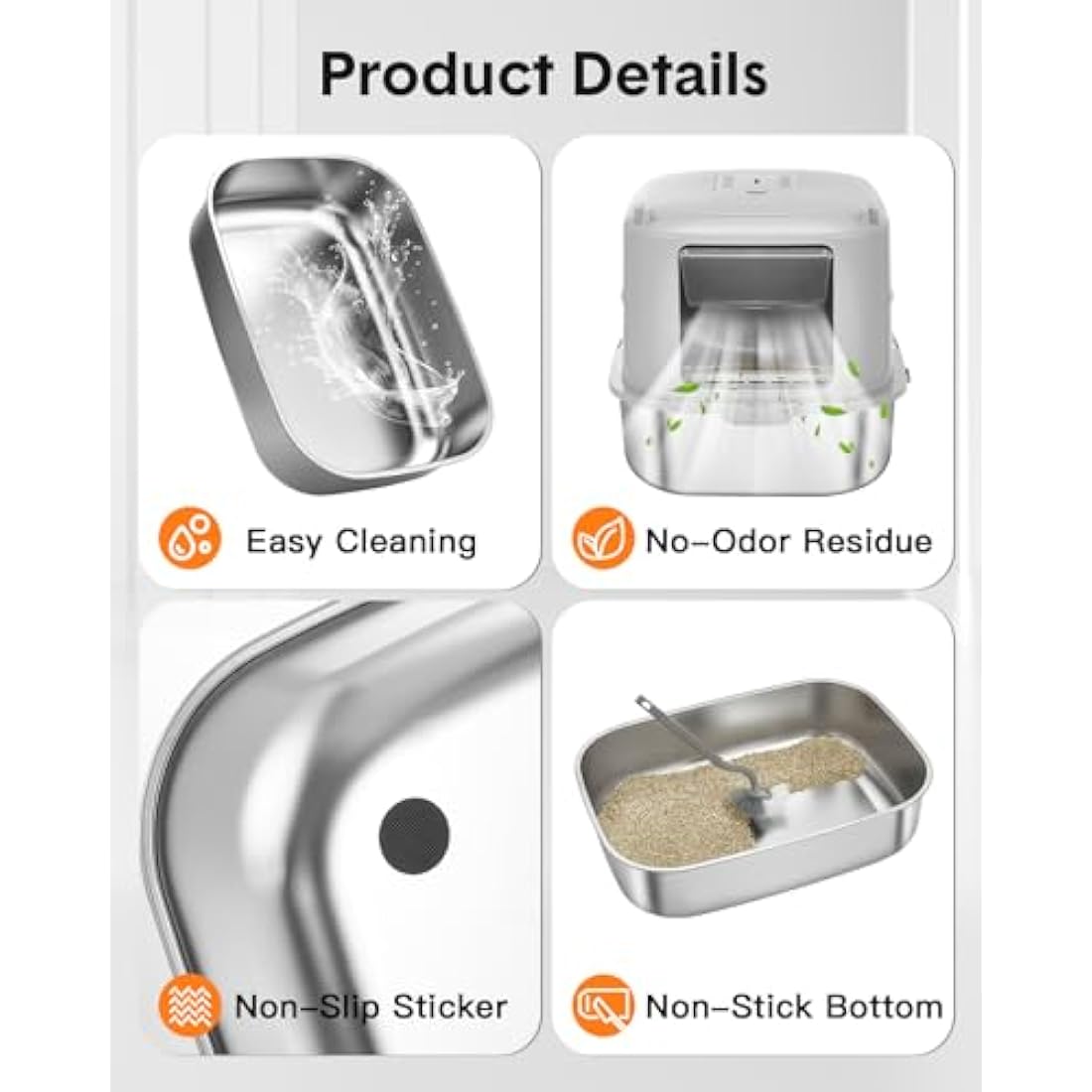 Papettly High Sided Stainless Steel Litter Box with Lid, Extra Large Cat Litter Trays Hooded Cat Litter Box, Enclosed Litter Box for Big Cats with Cat Litter Mat, Scoop, Brush, Easy Clean, Detachable