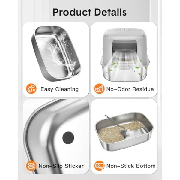 Papettly High Sided Stainless Steel Litter Box with Lid, Extra Large Cat Litter Trays Hooded Cat Litter Box, Enclosed Litter Box for Big Cats with Cat Litter Mat, Scoop, Brush, Easy Clean, Detachable