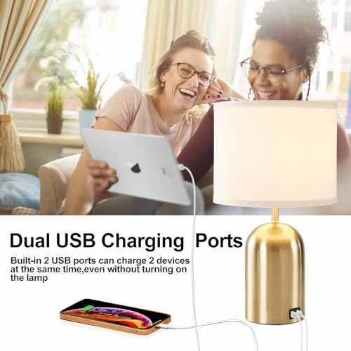 GyroVu Bedside Lamp with USB Port, Touch Control Table Lamp for Bedroom 3 Way Dimmable Modern Nightstand Lamp with Fabric Shade Gold Base for Living