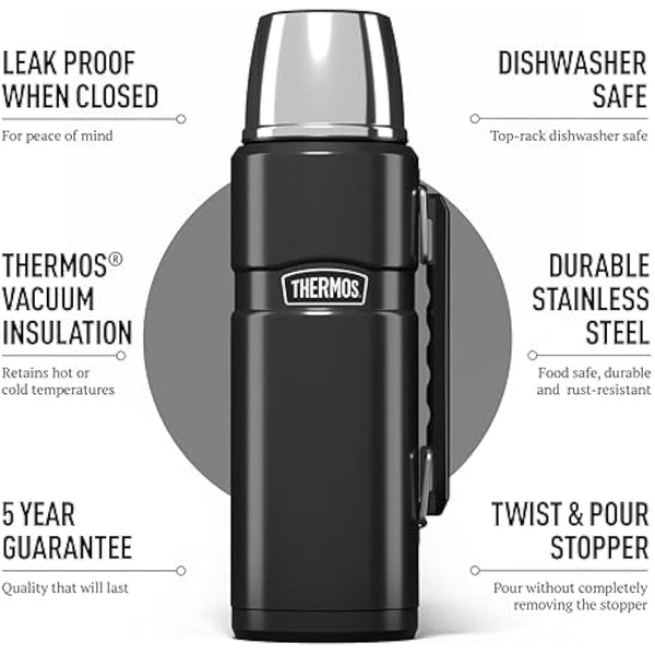 Thermos - Stainless King Gun Metal Travel Flask (1.2L) Premium Leak Proof Insulated Tea & Coffee Flask for Hot & Cold Drinks, Built-in Cup, Twist-Pour Stopper, BPA-Free, Durable Steel, Dishwasher Safe
